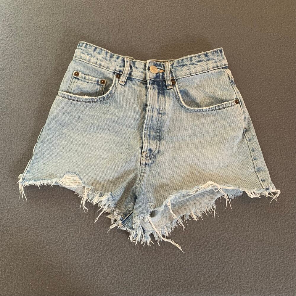 Zara High Waisted Blue Denim Cutoff Shorty Shorts Size 2 Distressed Button Fly